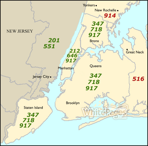 Map of New York City Area Codes including 212, 646, 917, 718 and 347