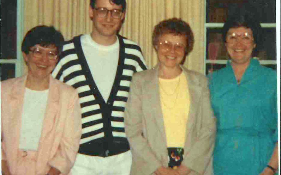 Marty Roddy with BVM Sisters Barbara, Sara aand Pat Clarke University English Dept Graduation Party May 1989